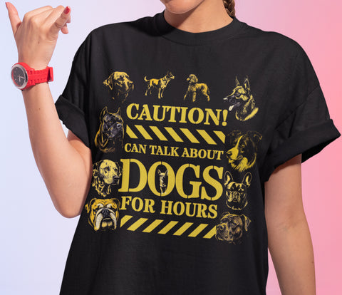 Caution Dogs Talk Heavy Cotton Tee, Funny Dog Lover Shirt, Animal Enthusiast Gift, Unique Tee for Dog Owners, Pet Lover Apparel