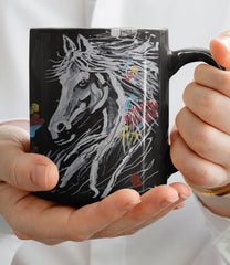 Fancy Horse Art Mug – Black Ceramic Coffee Cup with Monkey’s Painting & Portrait, Artistic Animal Mug, Unique Drinkware, Pet Lover Gift, Colorful Kitchen Decor, Monkey Artwork