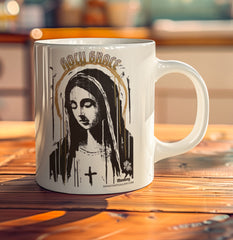 Virgin Mary Art Mug – Ceramic Coffee Cup with Monkey’s Painting & Portrait, Faith Inspired Drinkware, Christian Gift, Artistic Kitchen Decor, Monkey Artwork