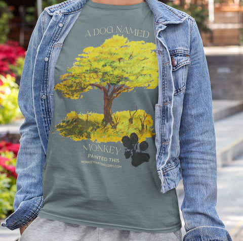 Golden Tree Art T-Shirt – Unisex Ultra Cotton Tee with Monkey’s Painting, Artistic Dog Lover Shirt, Unique Graphic Tee, Eco-Friendly Casual Wear, Monkey Artwork, Gift for Art Lovers