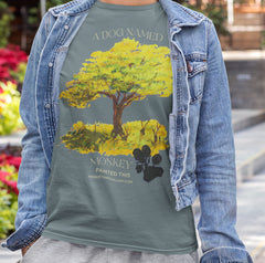 Golden Tree Art T-Shirt – Unisex Ultra Cotton Tee with Monkey’s Painting, Artistic Dog Lover Shirt, Unique Graphic Tee, Eco-Friendly Casual Wear, Monkey Artwork, Gift for Art Lovers